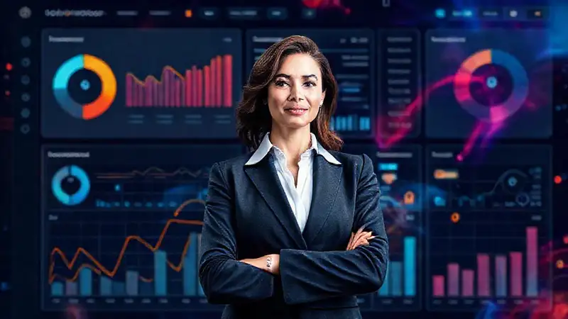 A businesswoman visualizes data-driven strategic success
