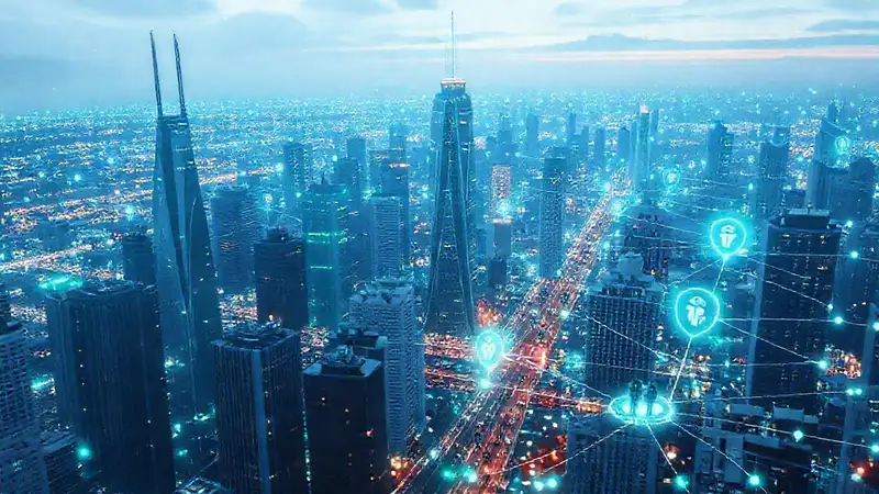 A serene, digital city pulses with data