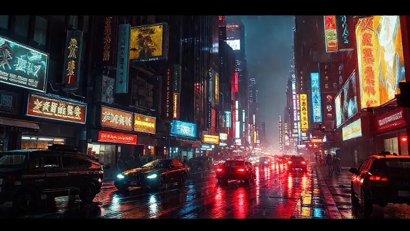 A dazzling, dark cyberpunk city glows