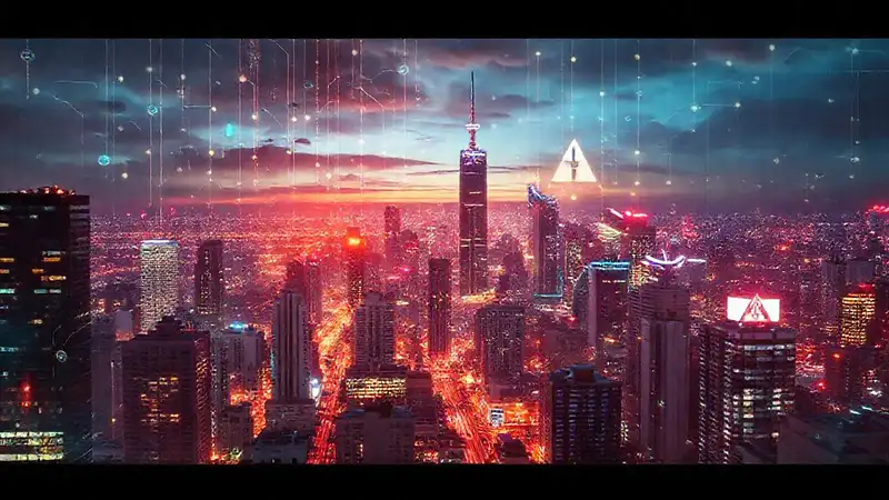 A vibrant cityscape displays AI data