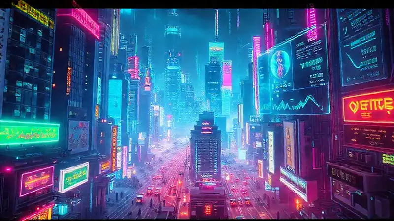 Neon-drenched city reflects digital influence