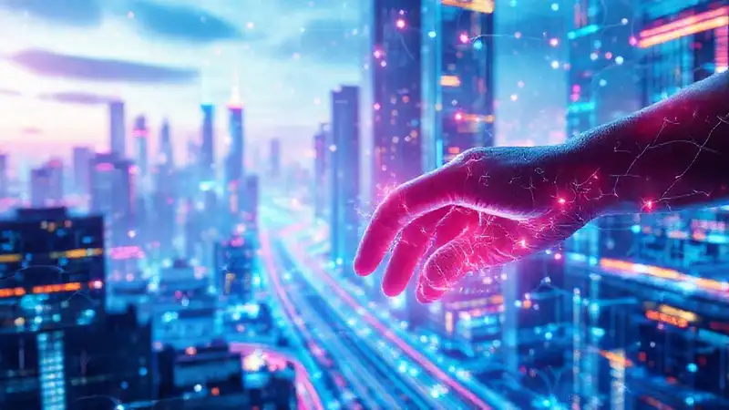 A futuristic city pulses with digital life