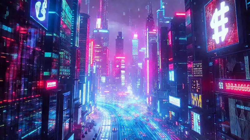 A dark, digital cityscape pulses with data