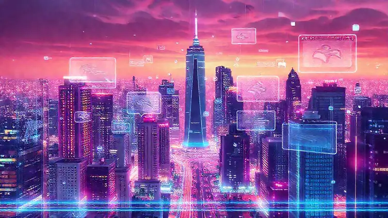 A sleek city pulses with digital data