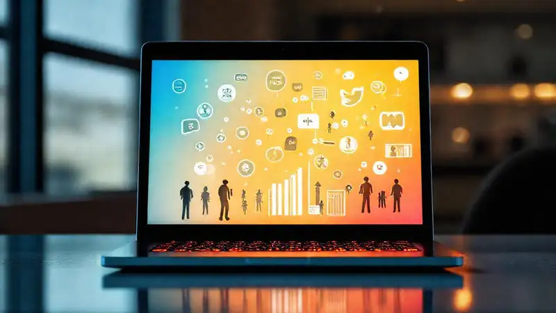 A modern laptop displays connected, vibrant data