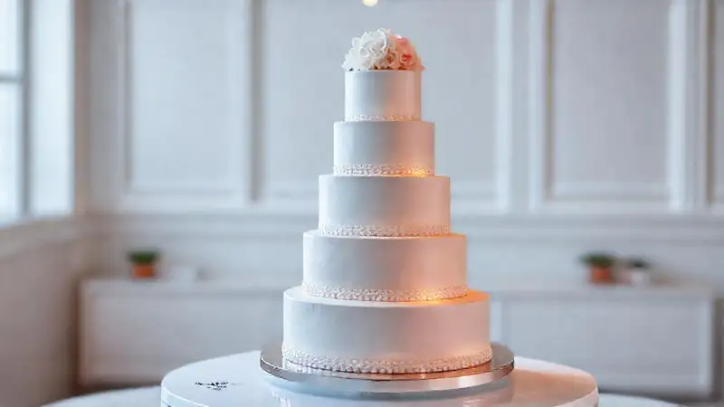 A modern cake display showcases tiered pricing