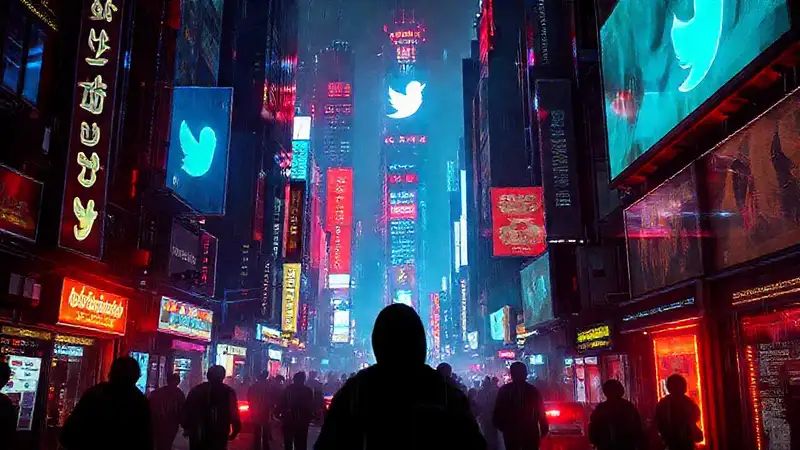 Neon-drenched city reflects fragmented digital futures