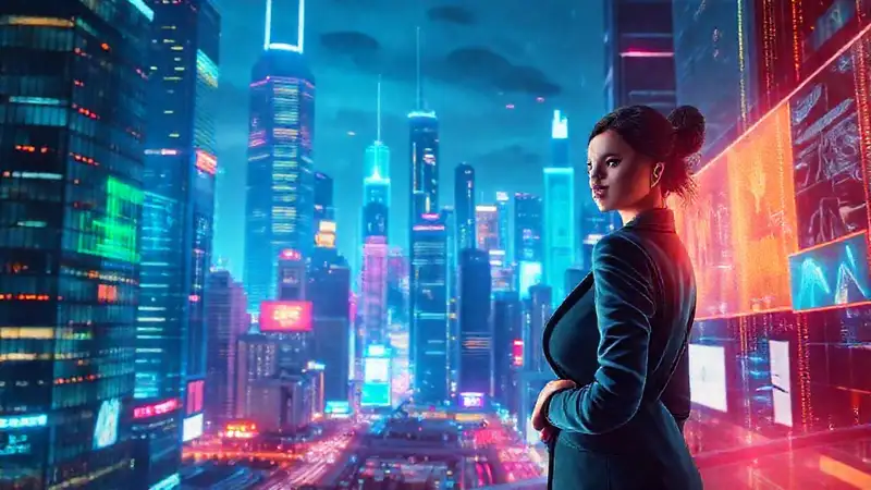 A confident businesswoman navigates a vibrant future