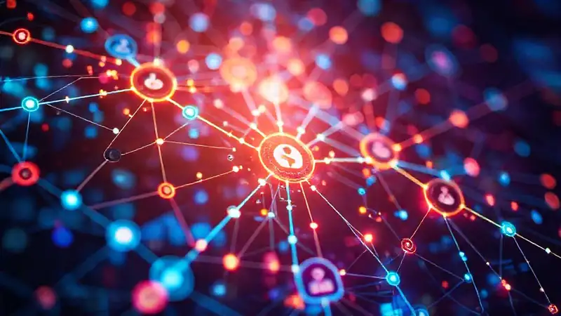 A futuristic interface displays complex data