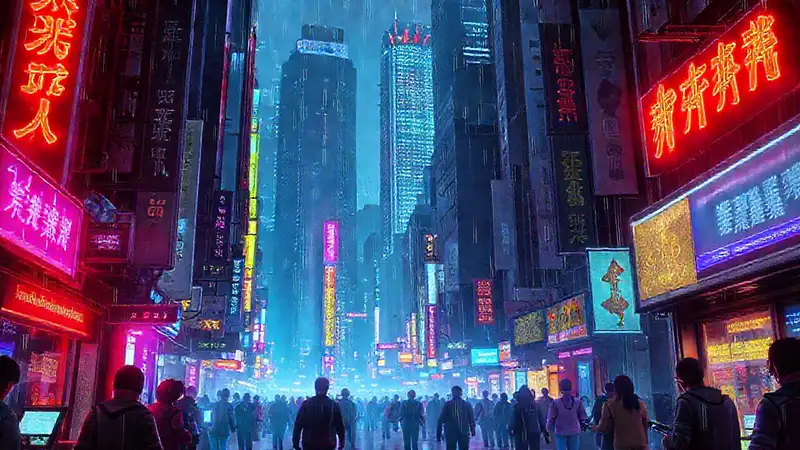 Neon-drenched city pulses with digital life