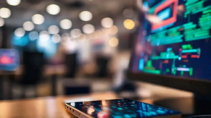 Digital connections illuminate a modern workspace