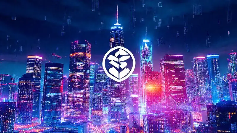 A dynamic cityscape embodies digital finance