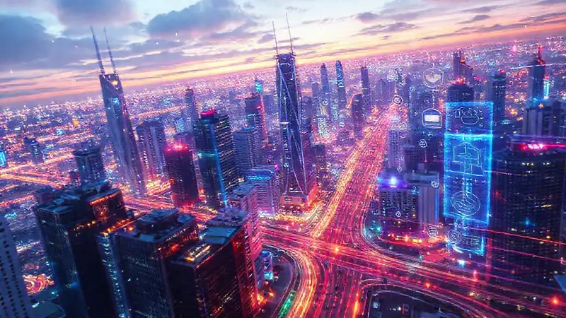A vibrant, high-tech 2024 cityscape glows
