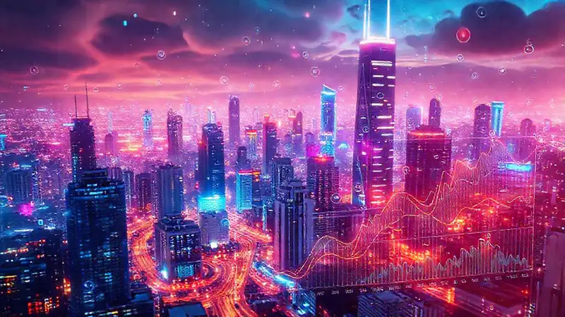 A vibrant, digital city pulses with data