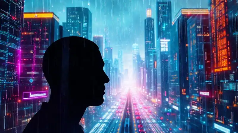 A futuristic city pulses with digital data