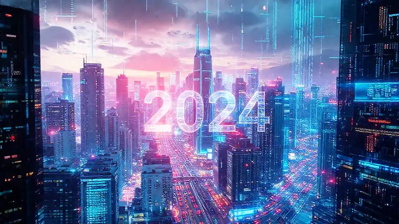 A vibrant 2024 cityscape pulses with tech