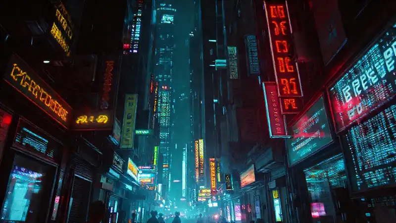 Cyberpunk anxieties surge through digital darkness