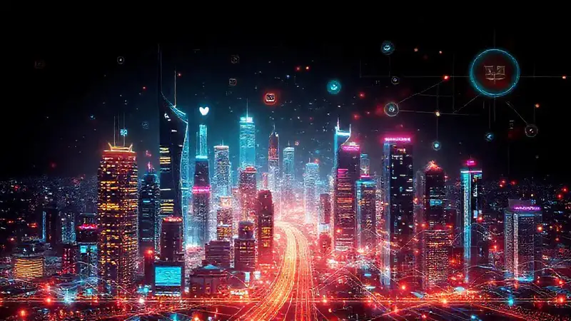 A futuristic city displays digital data
