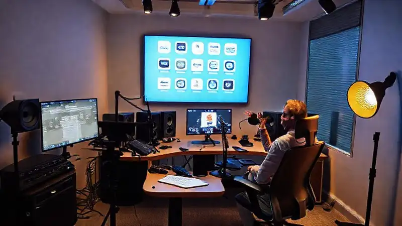 A vibrant office hosts an engaging podcast