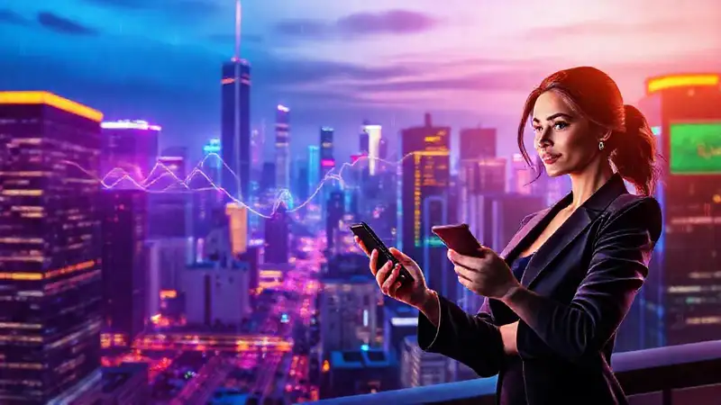 A confident woman embraces digital advertising