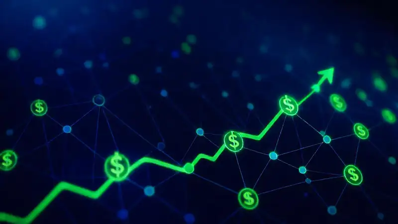 A futuristic data visualization ascends digitally