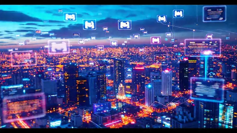 A vibrant digital network interface glows