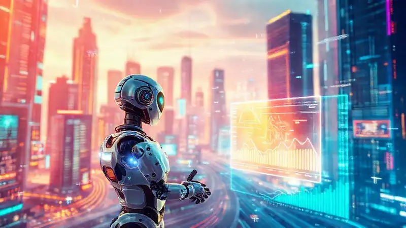 A vibrant, futuristic city pulses with data