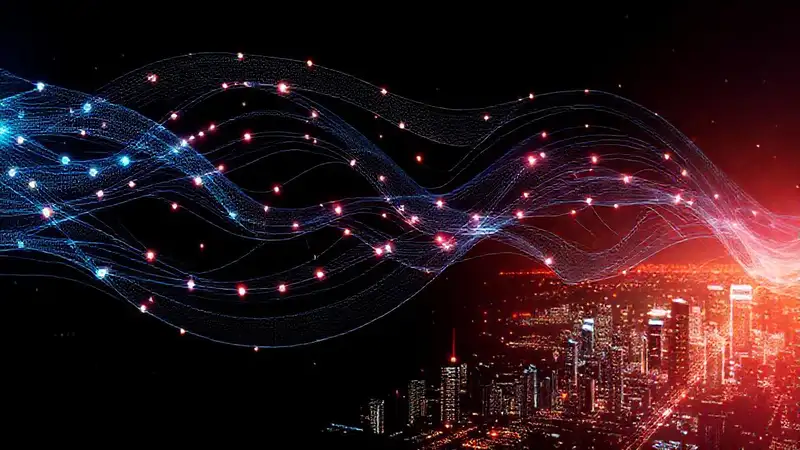 A futuristic, high-tech data visualization flows