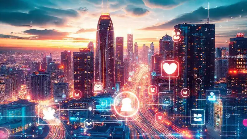 A sleek, digital city informs its users