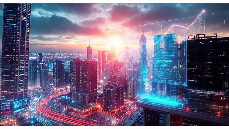 A vibrant cityscape showcases digital advancement