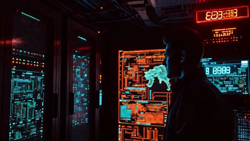 A tense technician monitored complex digital data