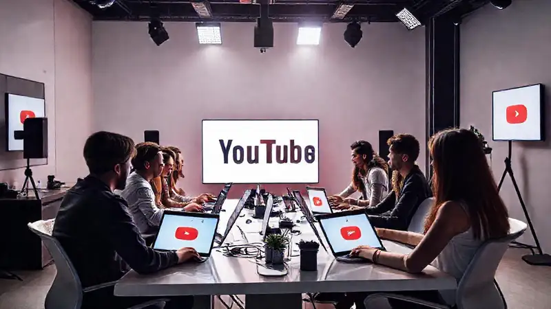 A diverse team collaborates in a vibrant studio