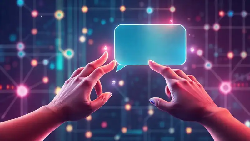 A glowing chatbot interface visually connects humans