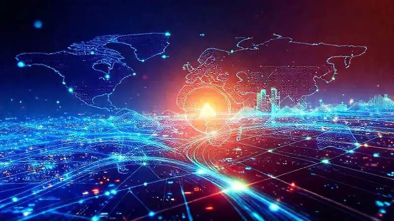 A futuristic digital cityscape rapidly loads