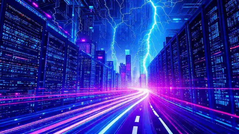 A vibrant city pulses with digital energy