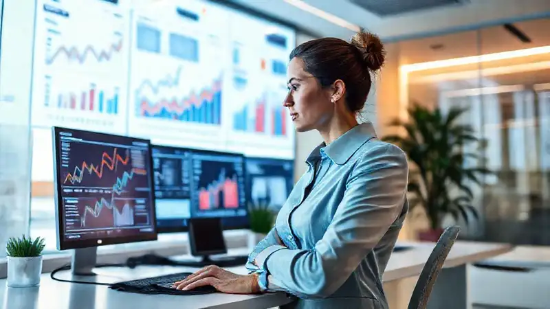 A businesswoman analyzes rising digital growth