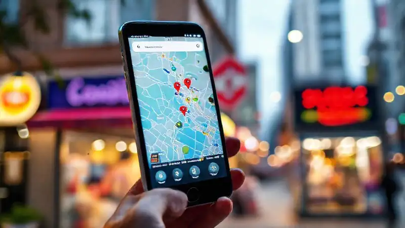 A phone displays nearby business locations