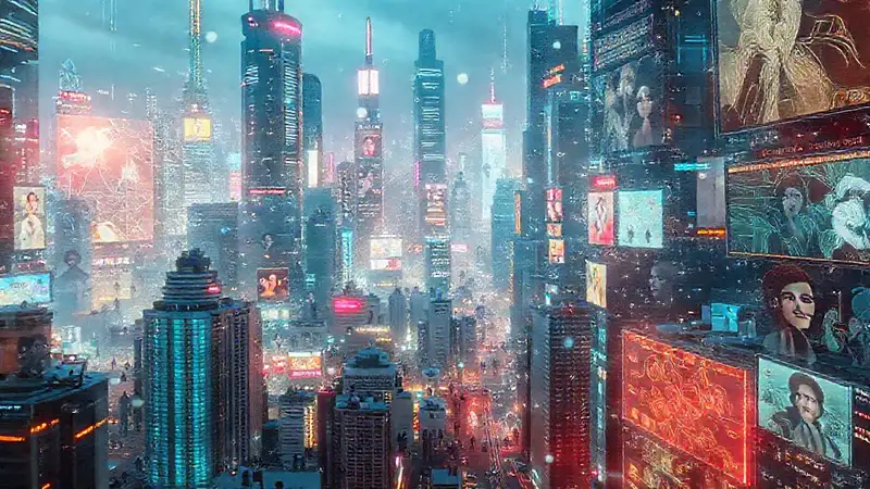 A vibrant city pulses with digital life