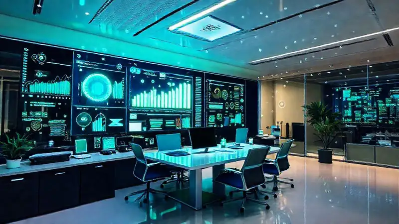 A modern office displays vibrant digital data
