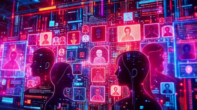 A futuristic, unsettling social media interface glows