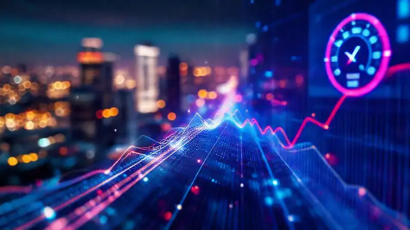 A dynamic e-commerce cityscape flows brightly