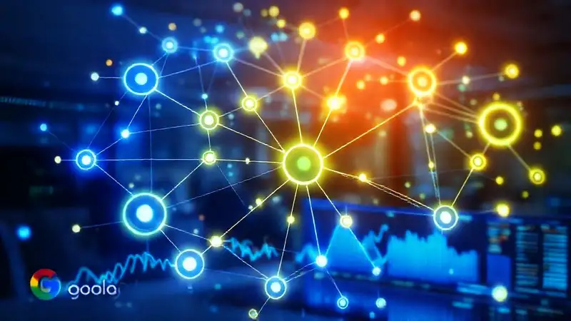 A futuristic interface displays data analytics