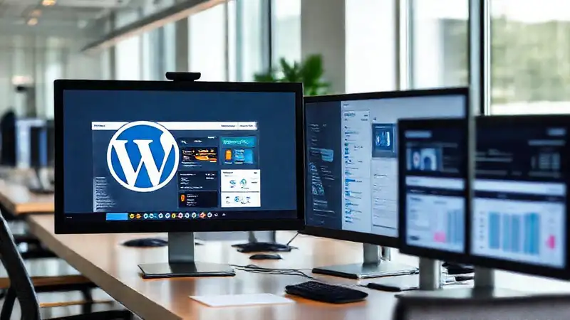 A modern office displays digital work