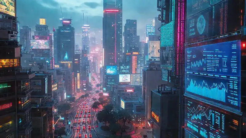 A futuristic city pulses with data