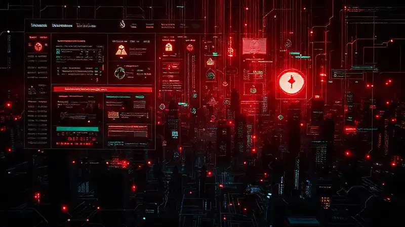 A dark cybersecurity dashboard signals imminent threats