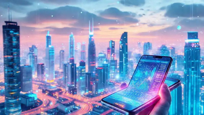 A sleek city displays advanced digital interfaces