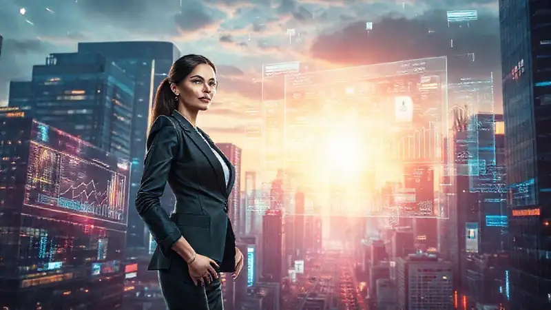 A confident businesswoman navigates a vibrant future