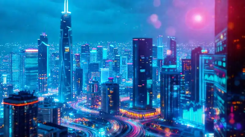 A dazzling, digital city pulses with data