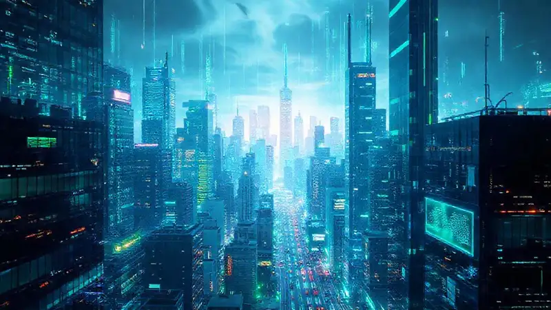 A dazzling, digital city thrives brightly