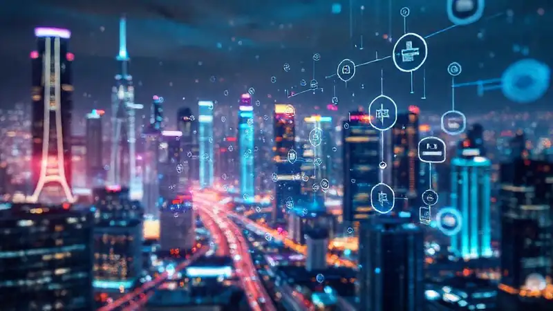 A vibrant, futuristic city glows digitally